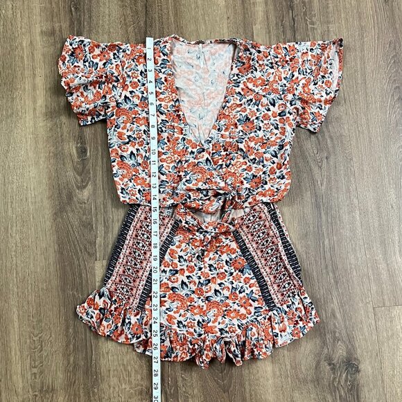 Free People Floral Tie Waist Ruffle Short Surf Date Jumpsuit Romper Sz 0 - Picture 10 of 15